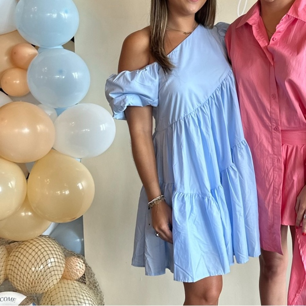 DAY + MOON light blue off the shoulder baby doll dress